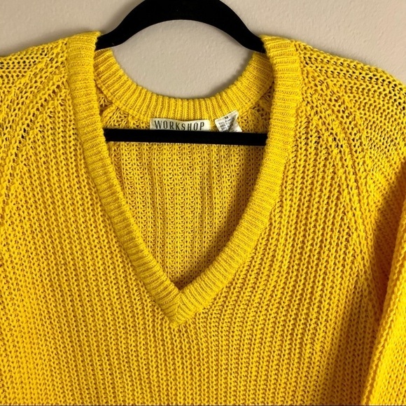 80's Vintage brand Workshop yellow deep v neck knitted long sleeve sweater sz M - Picture 4 of 6